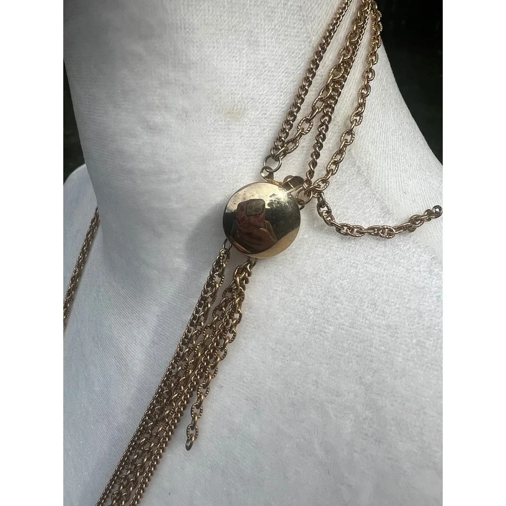 Vtg Gold Tone Multi Strand Layered Chain Necklace Sliding Orb Clasp‎ Retro Chic